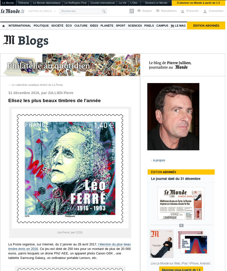 Le Monde blog philatélie timbre 2016